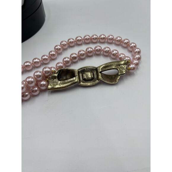 Heidi Daus "Beaux Arts" Pink Pave Crystal Bow Pearl Beaded Two Strand Necklace - Picture 12 of 15